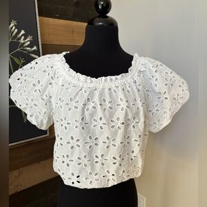 Jennifer & Grace NEW White Eyelet Puff Sleeve Crop Top Womens XS Coquette Girl